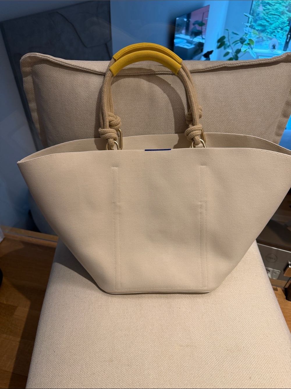 Rothy’s Cream Beach Tote with Yellow Handle